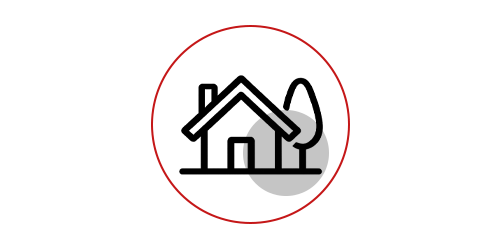 Minimalist icon of a house next to a tree with black outlines, enclosed in a red circle with a gray background shape.