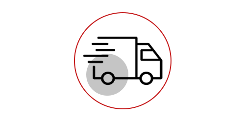Minimalist icon of a moving delivery truck with black outlines, enclosed in a red circle with a gray background shape.