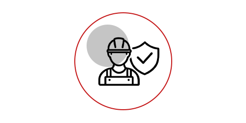 Minimalist icon of a worker wearing a hard hat next to a shield with a checkmark, enclosed in a red circle with a gray background shape.