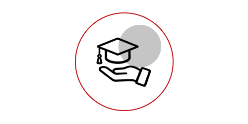 Minimalist icon showing a black hand holding a graduation cap, enclosed in a red circle with a gray background shape.