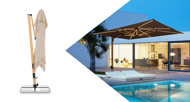 Split image: On the left, a closed beige cantilever umbrella on a white background; on the right, the opened, illuminated umbrella by a pool at dusk.