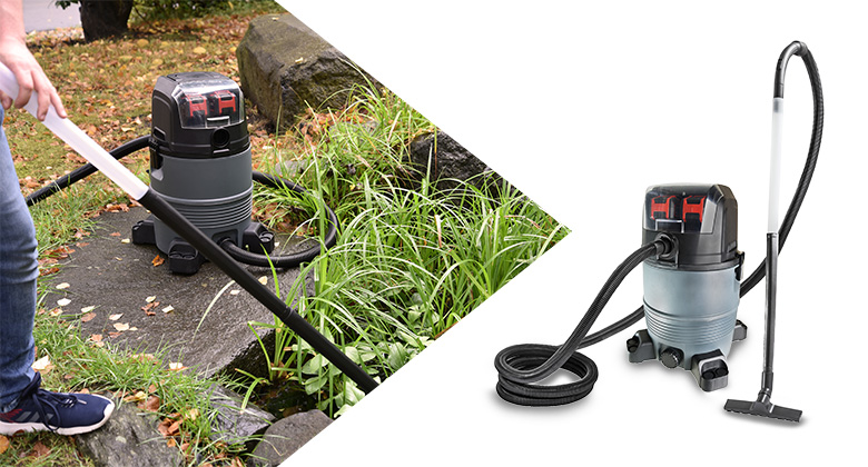 Split image: On the left, a gray pond silt vacuum being used at a garden pond; on the right, the device including suction hose and tube on a white background.