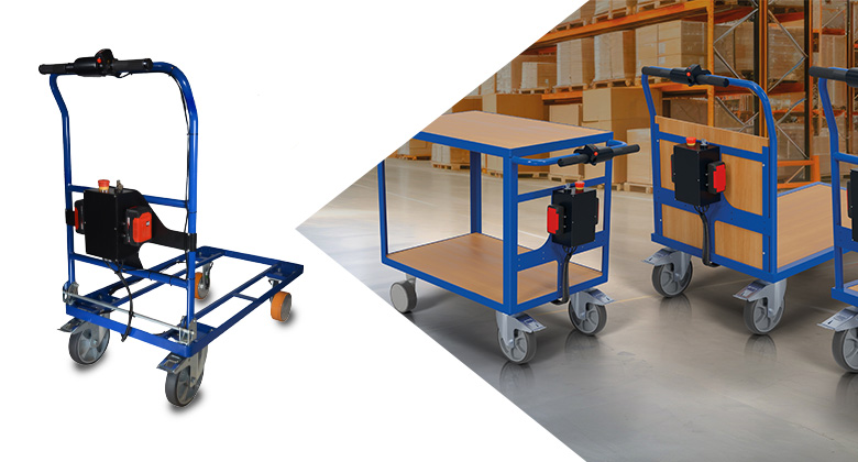 Split image: On the left, a blue cart frame with an electric drive unit on a white background; on the right, fully assembled multi-tier trolleys inside a warehouse.