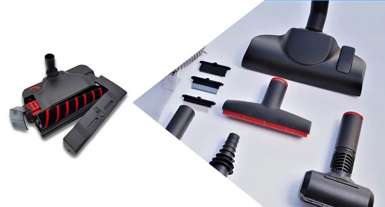 Split image: On the left, a motorized floor nozzle with a red and black roller brush; on the right, various vacuum cleaner attachments on a white background.