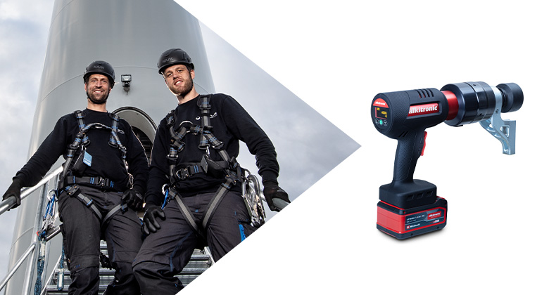 Split image: On the left, two technicians with climbing gear at a wind turbine; on the right, a battery-powered alkitronic torque wrench on a white background.