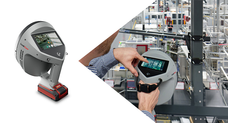 Split image: On the left, a gray LeakCam with a display on a white background; on the right, a technician operating the camera inside an industrial facility.