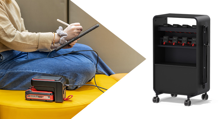 Split image: On the left, a person using a tablet next to a power bank charging dock; on the right, a black mobile charging cart for batteries on a white background.