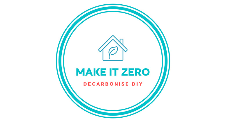 Logo from "Make it Zero" with a house and leaf symbol, with the text: “MAKE IT ZERO – DECARBONISE DIY”.