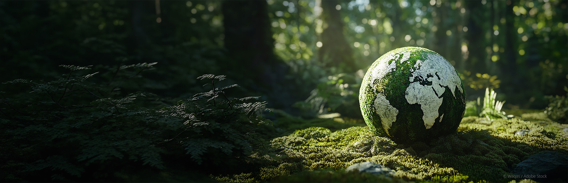 A globe formed entirely of green moss and lichen rests on soft forest floor surrounded by trees.