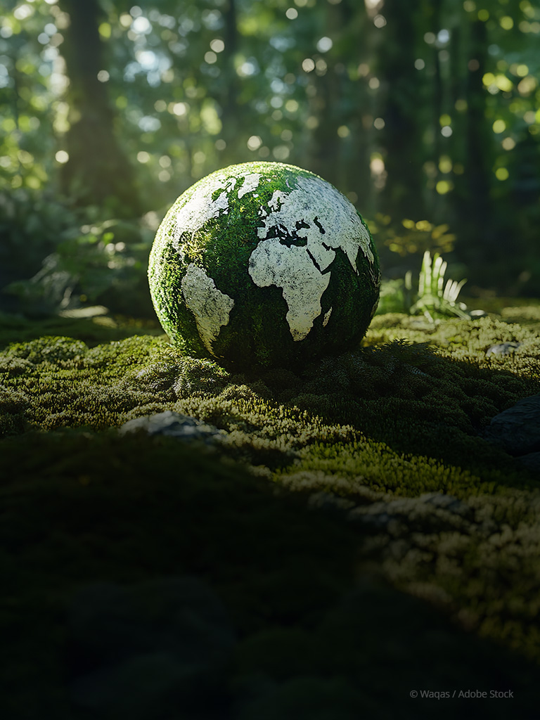 A globe formed entirely of green moss and lichen rests on soft forest floor surrounded by trees.