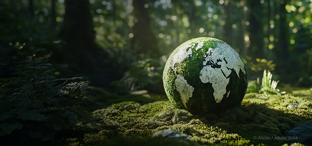 A globe formed entirely of green moss and lichen rests on soft forest floor surrounded by trees.